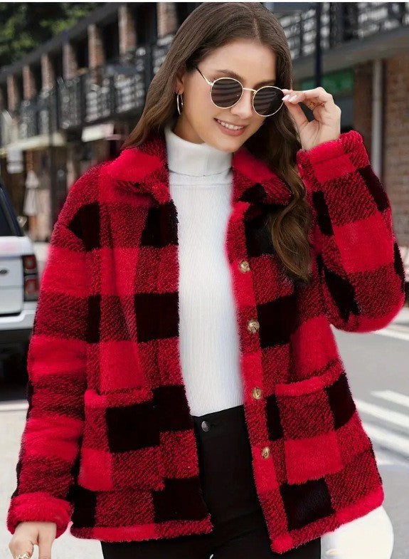 Women's Buffalo Plaid Fuzzy Jacket, Lapel Button Front Coat with Pockets - image 2