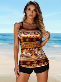 Boho Tribal Pattern Two-Piece Swimsuit, Sleeveless Longline Tank With Boyshorts - image 1