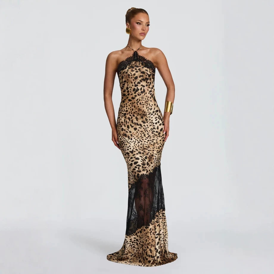 Retro Leopard Print Lace Trim Halter Dress - image 5