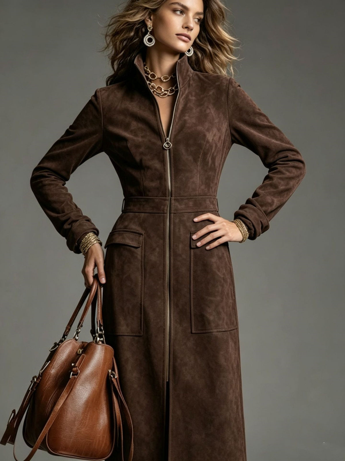 Stand Collar Zip Faux Suede Long Dress - image 10