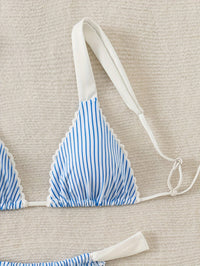 Blue White Stripe Ruffle Ruched High Cut Triangle Bikini Set - image 3