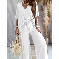 Women's 2 Piece Outfit, Casual Solid Color V-Neck Half Sleeve Top And Wide Leg Pants Lounge Set - image 5