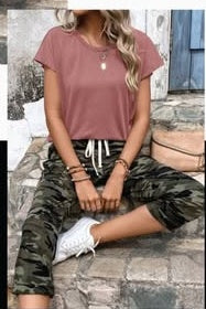 Summer Solid Color Round Neck Short Sleeve T-Shirt And Leopard Print Casual Pants Two Piece Set For Women - image 1