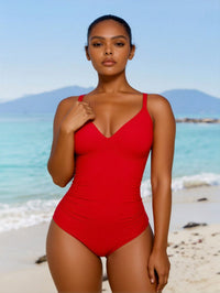 Women's One-Piece Swimsuit Vibrant Red With Deep V-Neck, Ruched Tummy Control And Thin Shoulder Straps - image 3
