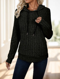 Solid Color Drawstring Ribbed Hoodie - image 6