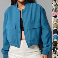 Women's Cropped Bomber Jacket, Stand Collar Snap Button Jacket with Flap Pockets - image 1