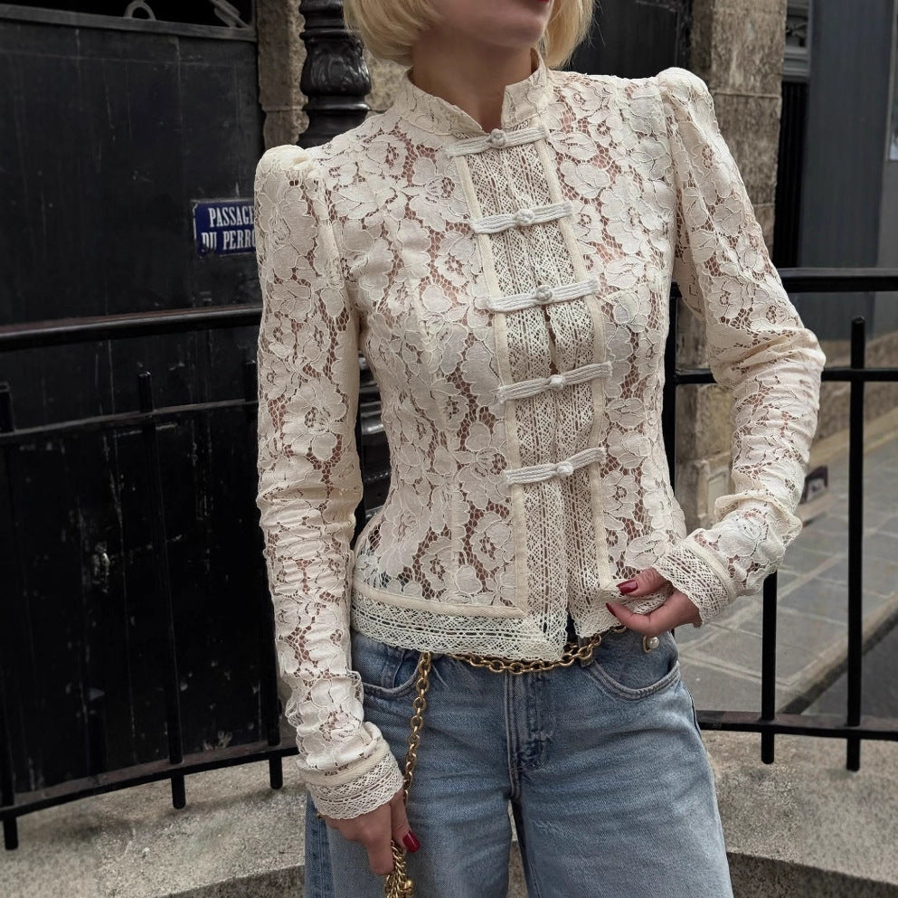 Lace Crochet Stand Collar Slim Fit Shirt - image 2