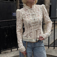 Lace Crochet Stand Collar Slim Fit Shirt - image 2