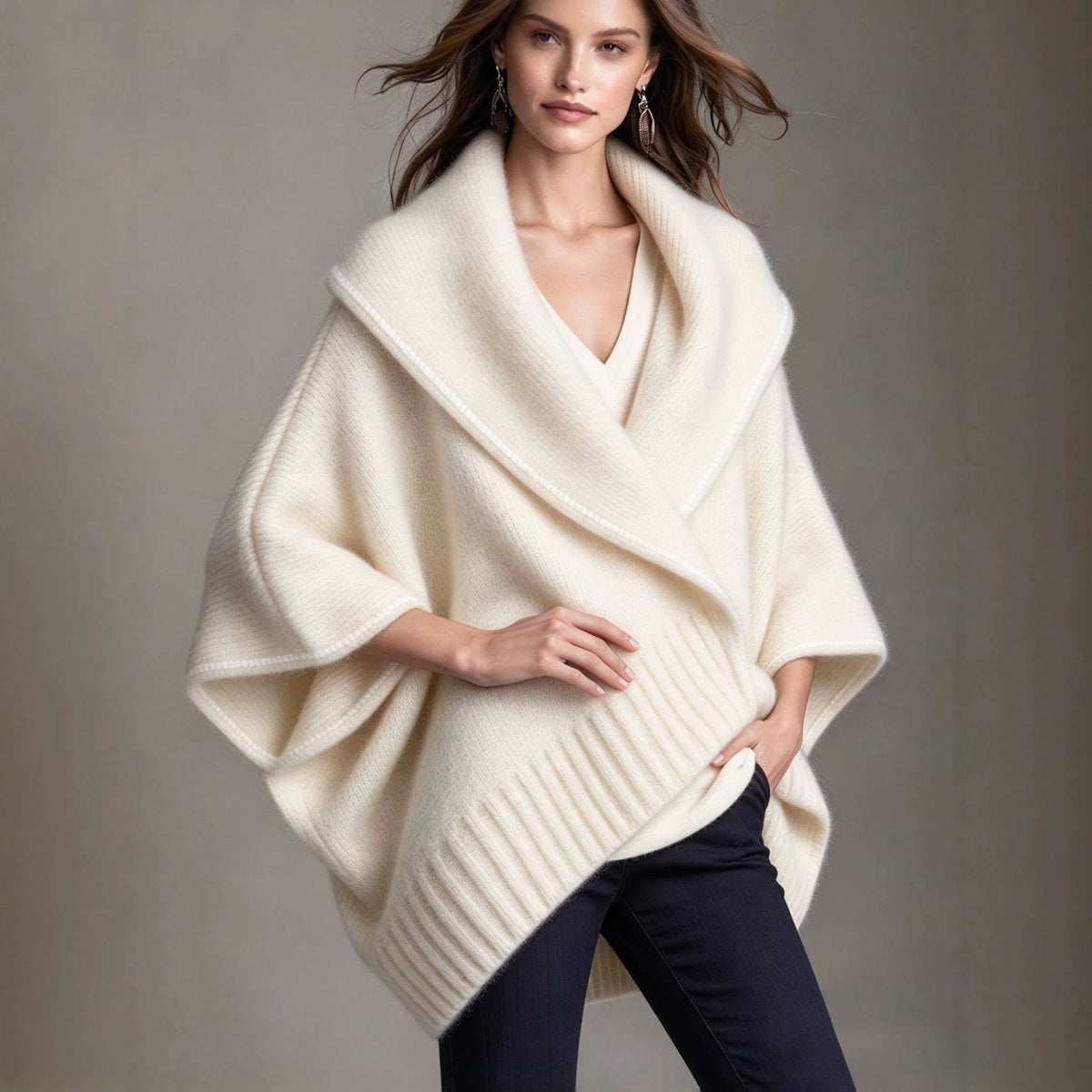 Knit Cape Shawl Coat with Contrast Trim - image 4