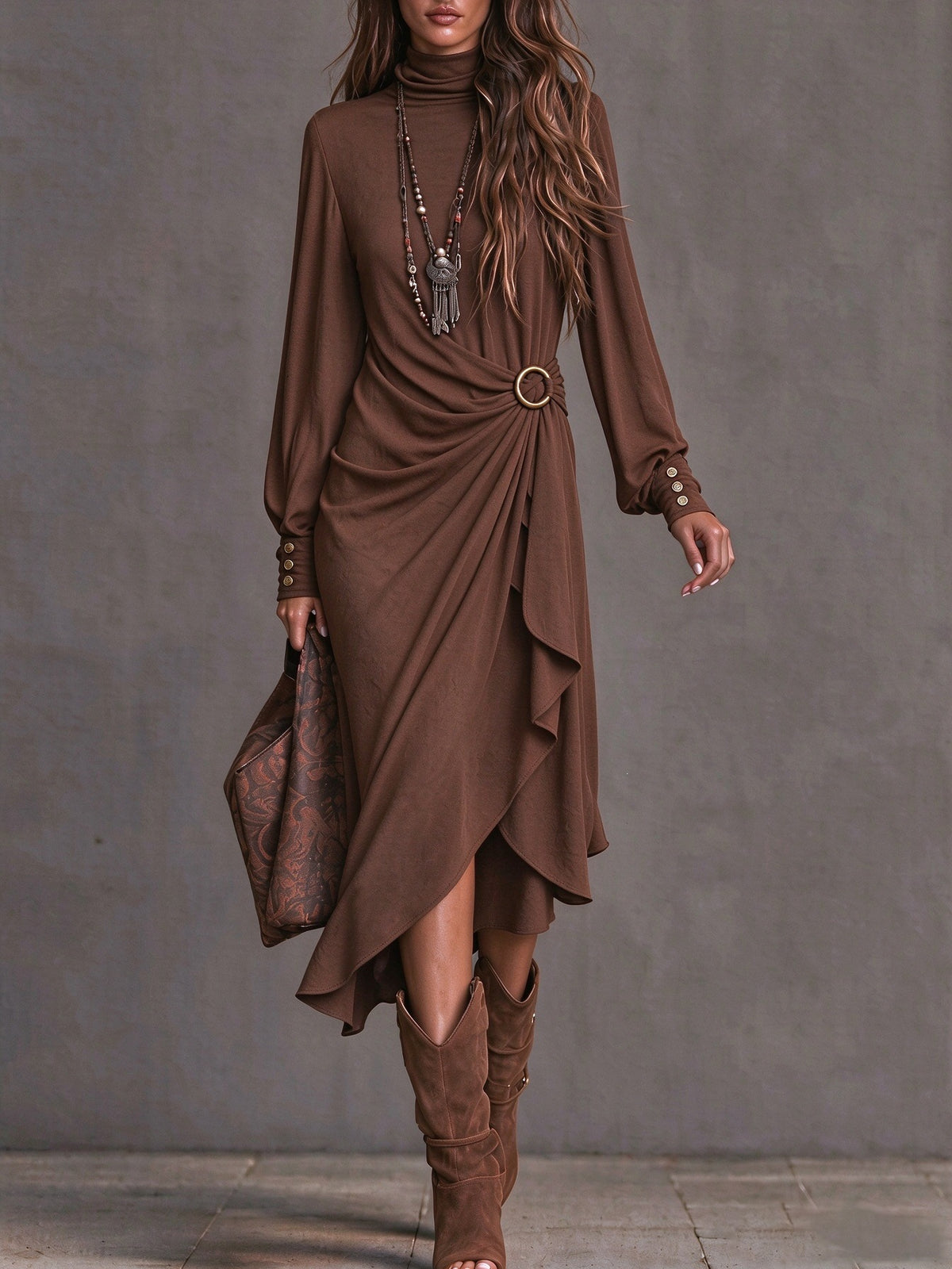 High Collar Long Sleeve Asymmetric Maxi Dress