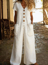 Comfortable Pocketed Short-Sleeve Casual Wide-Leg Jumpsuit - image 6