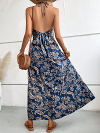 Women's Floral Print Twist Front Cutout Halter Maxi Dress, Backless Tie Back Beach Dress - image 2
