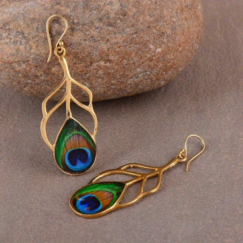 Vintage Peacock Feather Drop Earrings - image 6
