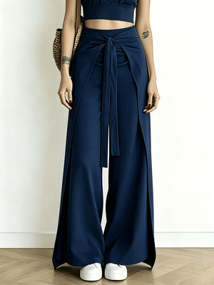 High Waist Tie-Front Slit Wide Leg Pants - image 10
