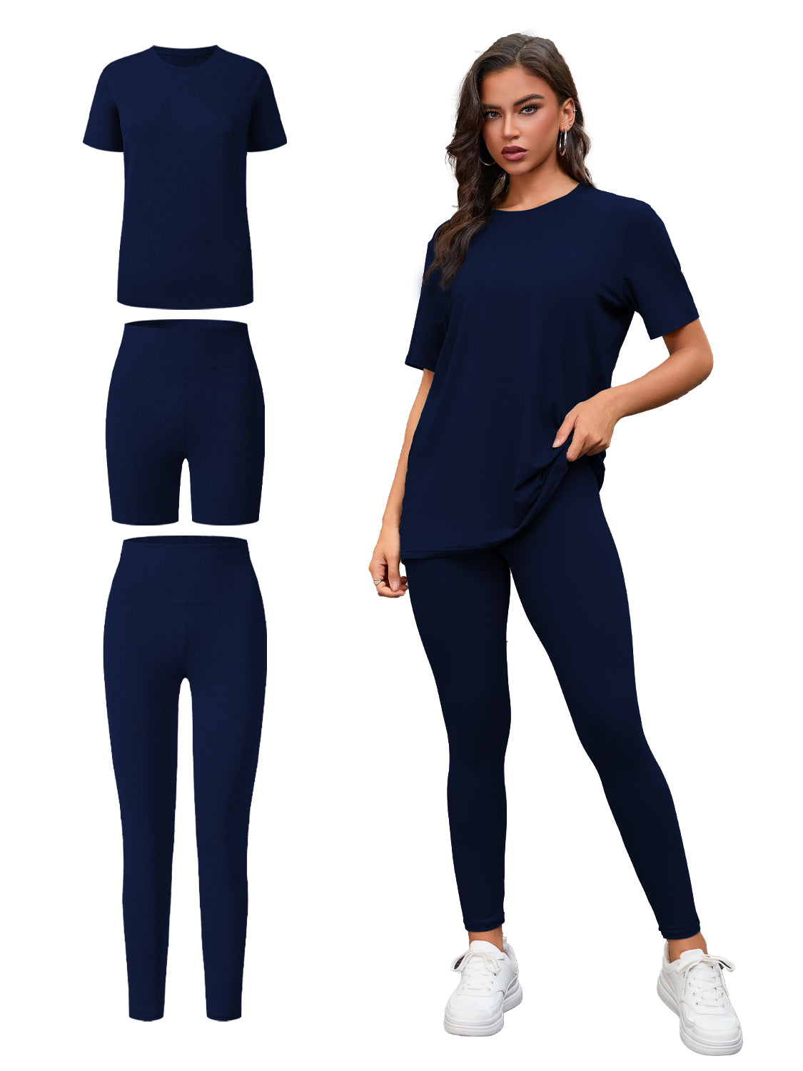 Women's 3 Piece Set, Short Sleeve Top, Shorts and Leggings - image 6
