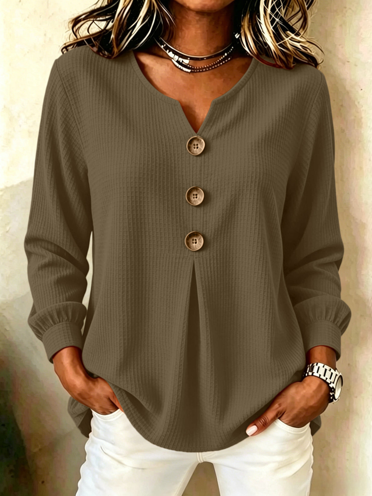 Loose V-Neck Button-Down Casual Top - image 8