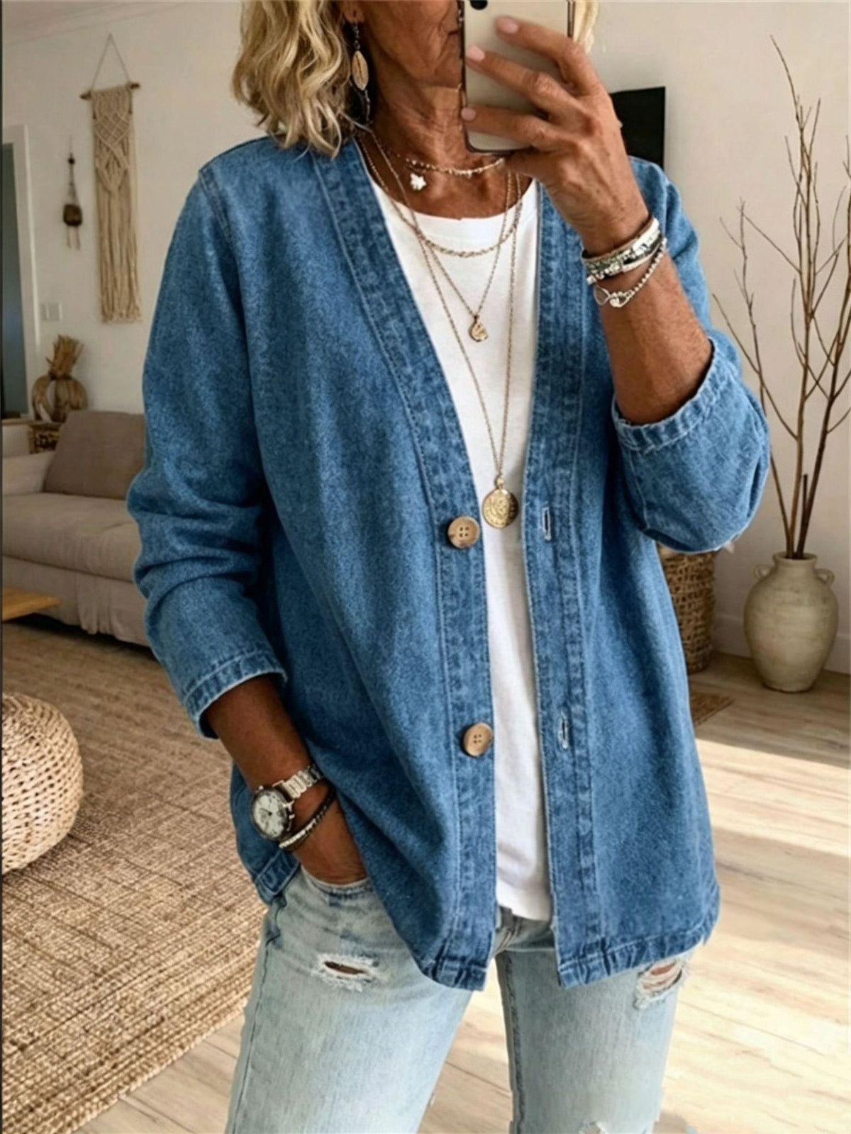 Women's Casual Denim Cardigan Jacket Long Sleeve Button Front Jean Coat Top - image 8