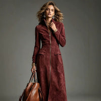 Stand Collar Zip Faux Suede Long Dress - image 1