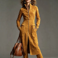 Stand Collar Zip Faux Suede Long Dress - image 2