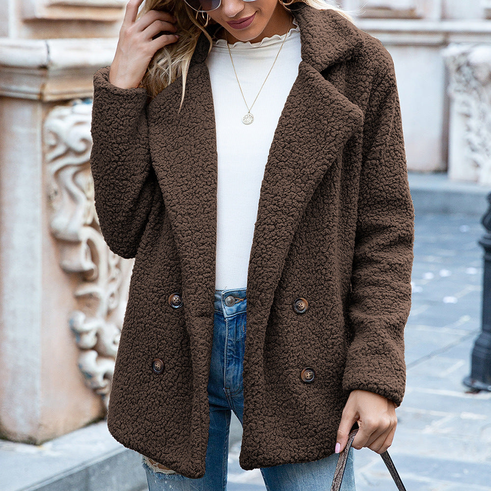 Women's Fuzzy Teddy Coat, Lapel Double Breasted Winter Jacket with Pockets - image 12