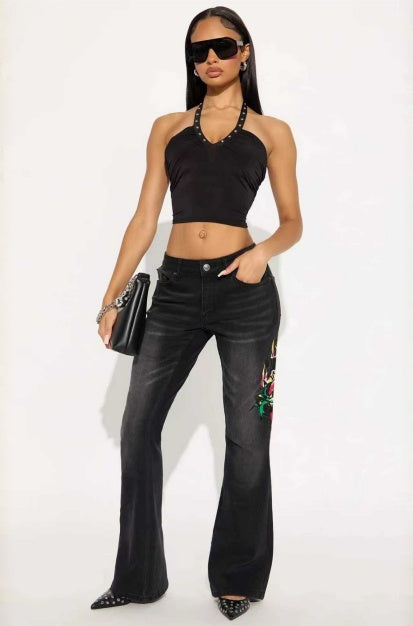 Black Fleece Lined Flare Jeans Women Warm Winter High Waist Denim Pants Stock - image 7