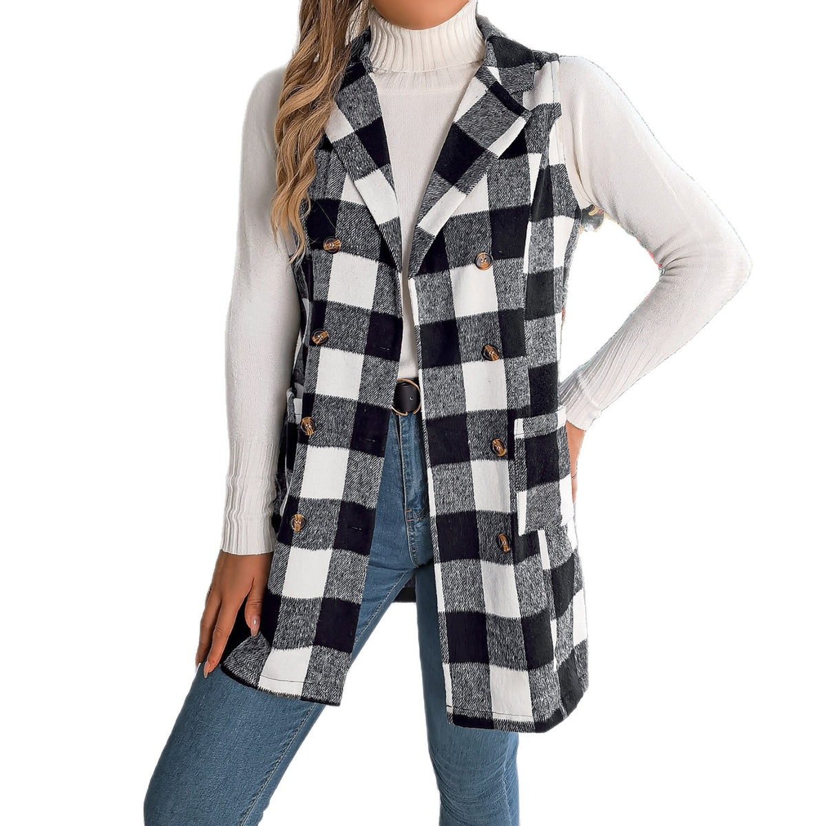 Contrast Check Double-Breasted Vest - image 5