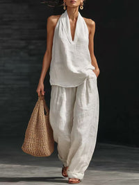 Conjunto de 2 piezas: top halter con escote en V y pantalón de pierna ancha - image 6