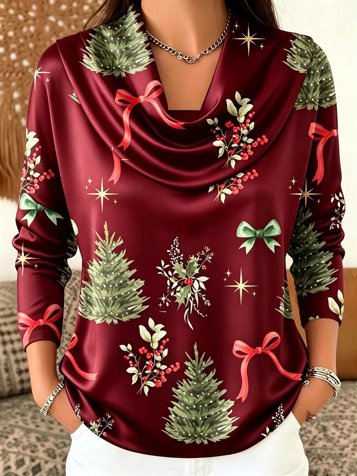 Christmas Tree Print Turtleneck Long Sleeve Top - image 9