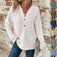 Waffle Hooded Sweater Sweatshirt Fashion Casual Long-sleeved Drawstring V-neck Buttons Top Women's Clothing - image 1