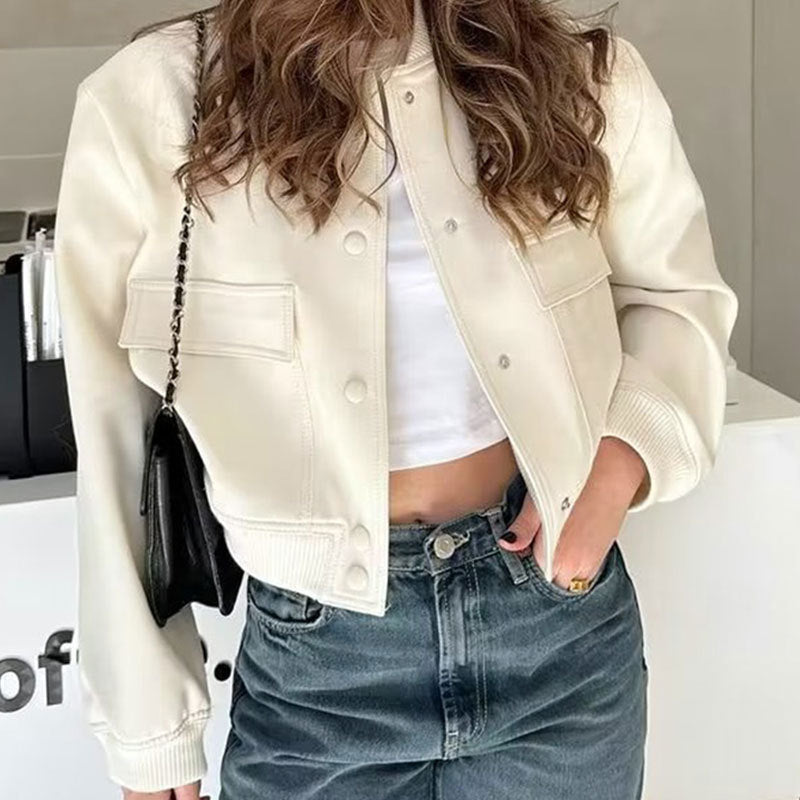 Women's Cropped Bomber Jacket, Stand Collar Snap Button Jacket with Flap Pockets