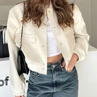 Women's Cropped Bomber Jacket, Stand Collar Snap Button Jacket with Flap Pockets - image 4