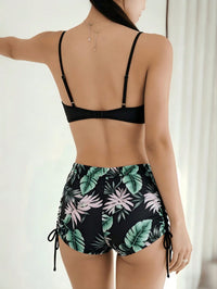 Solid Black Ruched Crop Swim Top, Jungle Leaf Print High Cut Conservative Bathing Suit Set - image 5