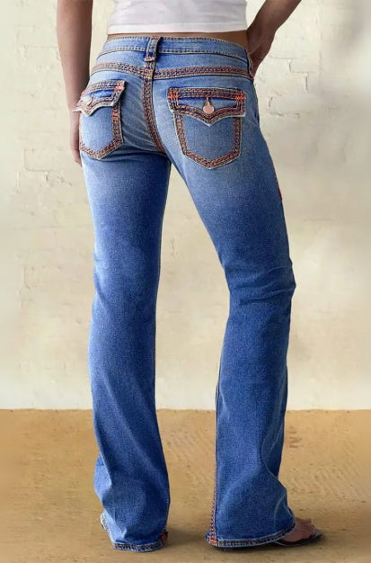 Western Jeans Women Embroidered Pocket Straight Leg Blue Denim Pants Vintage - image 3