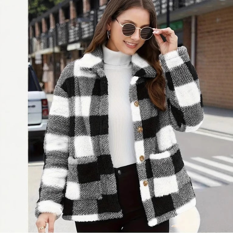 Women's Buffalo Plaid Fuzzy Jacket, Lapel Button Front Coat with Pockets