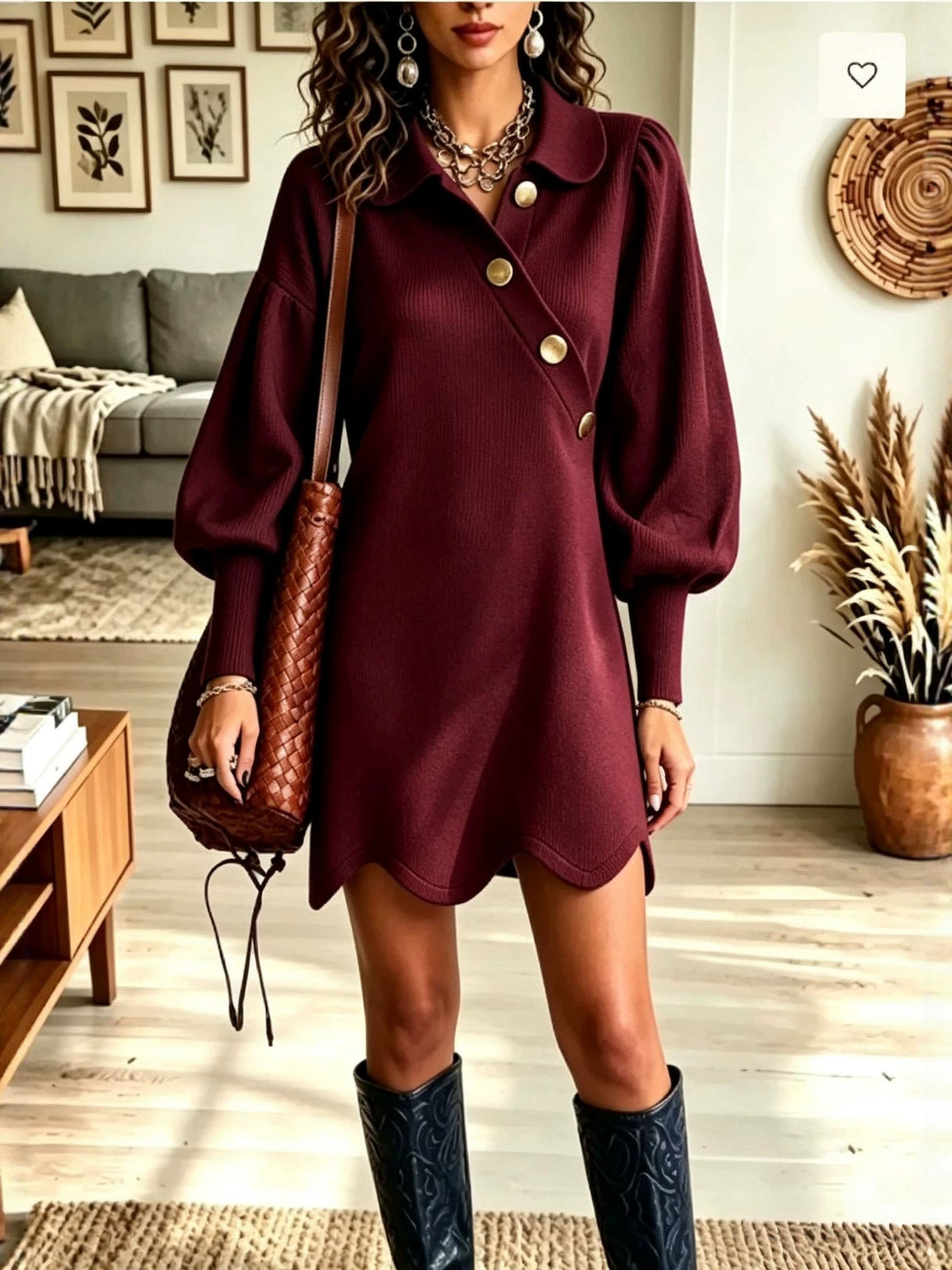 Lantern Sleeve Lapel Dress with Wavy Hem - image 6
