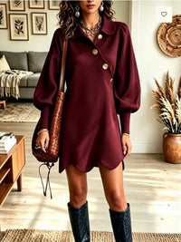 Lantern Sleeve Lapel Dress with Wavy Hem - image 6