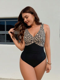 Plus Size Mint Green Ruffle Sleeve Color Block One-Piece Swimsuit - image 1