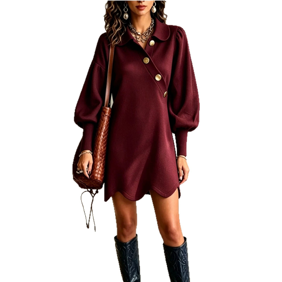 Lantern Sleeve Lapel Dress with Wavy Hem - image 3