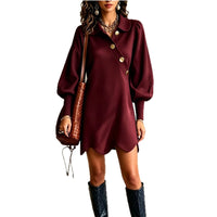 Lantern Sleeve Lapel Dress with Wavy Hem - image 3