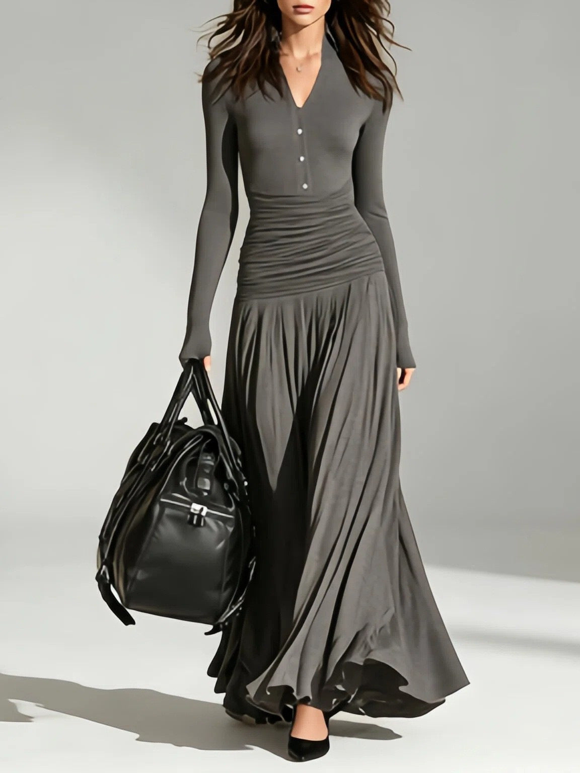 V-Neck Double-Breasted Long Sleeve Dress - image 3