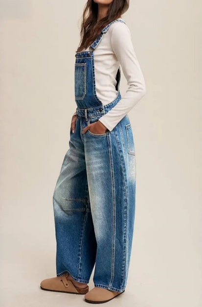 Women's Vintage Wash Wide Leg Denim Overalls - image 5