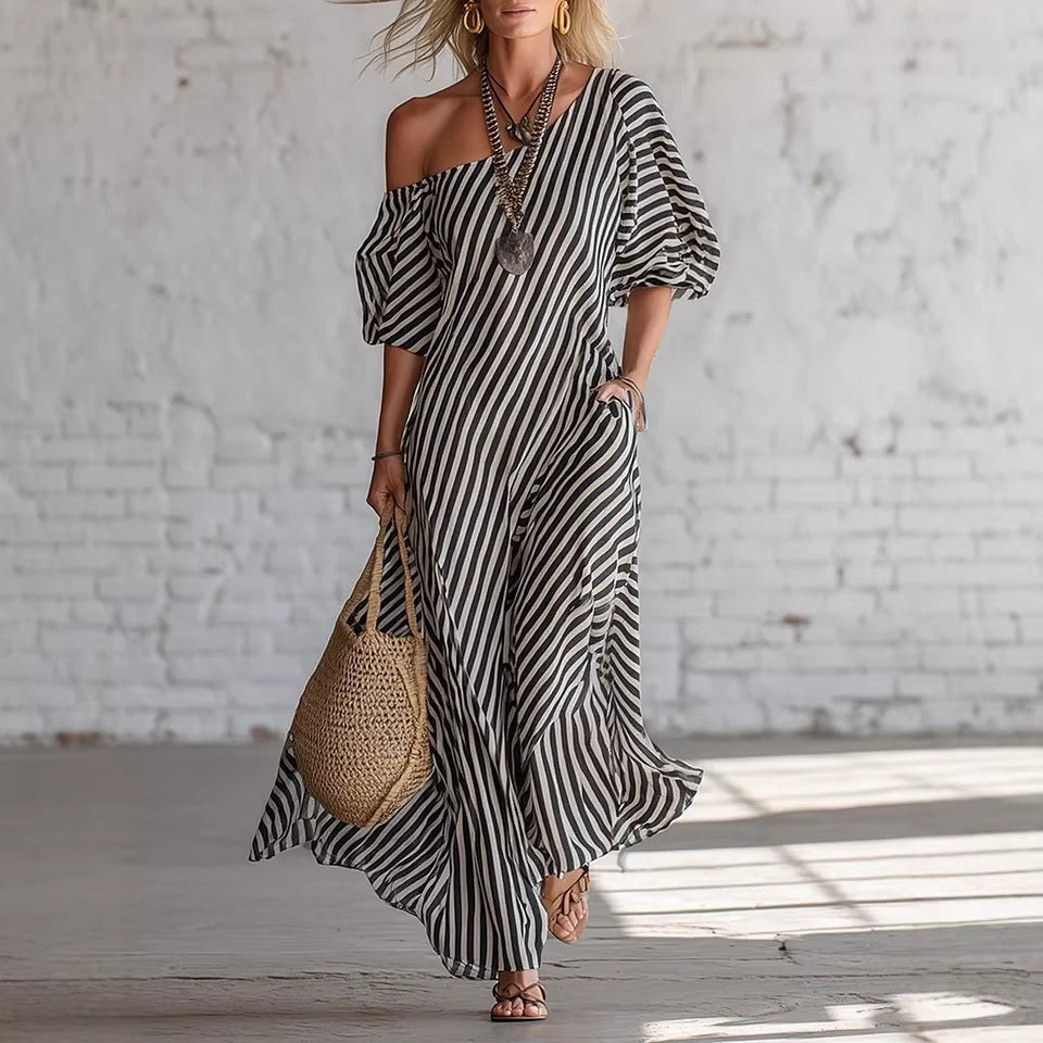 Women's Striped Off Shoulder Short Sleeve Maxi Dress - image 3