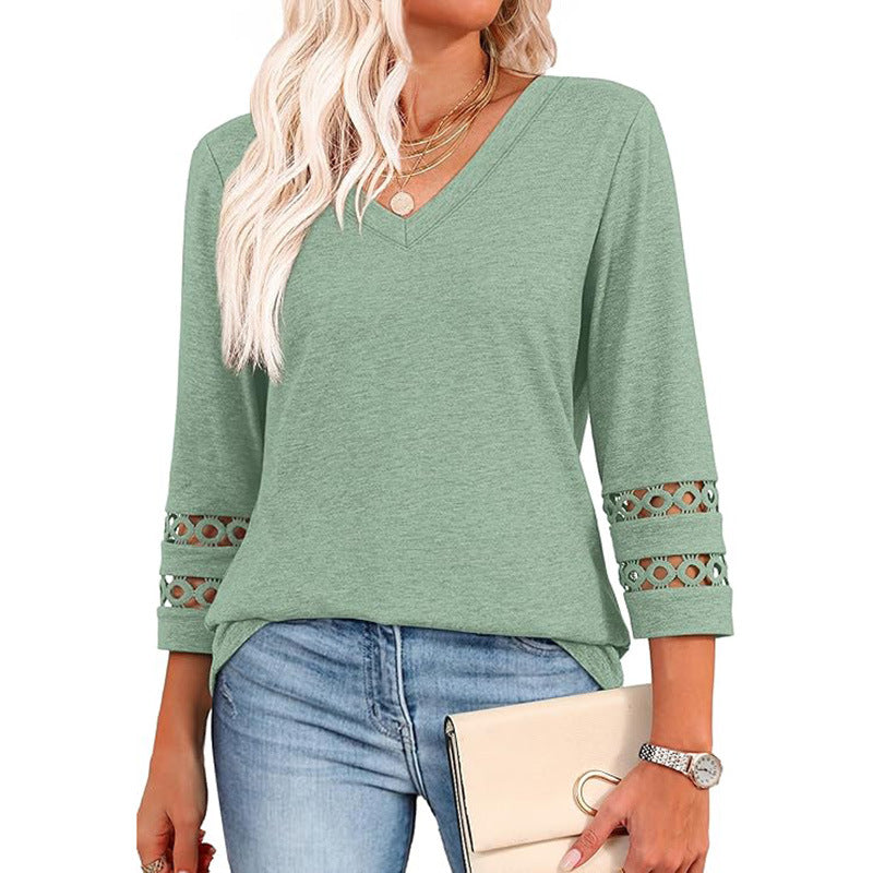 Women's V-Neck 3/4 Sleeve Top with Lace Trim - image 3
