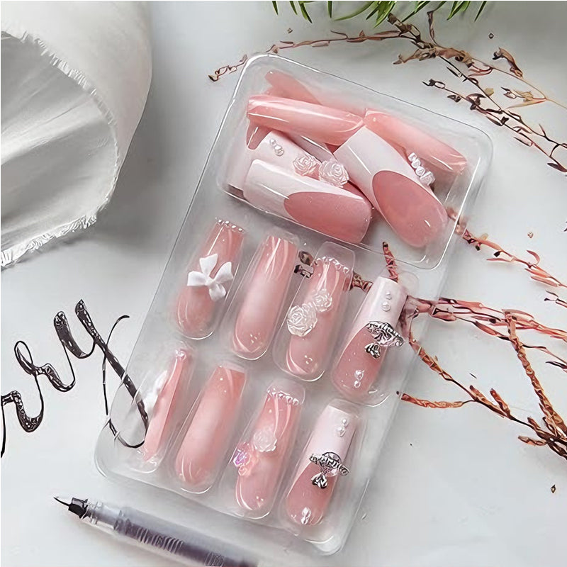 24 Pcs Long Square Press On Nails, Pink French Tip with Pearl, Bow and Rose 3D Nail Art - image 4