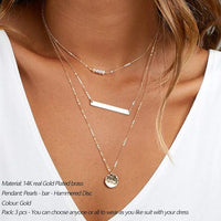 Dainty Layered Gold Necklace for Women, 14K Gold Plated Bar, Disc Pendant and Bead Choker - image 5