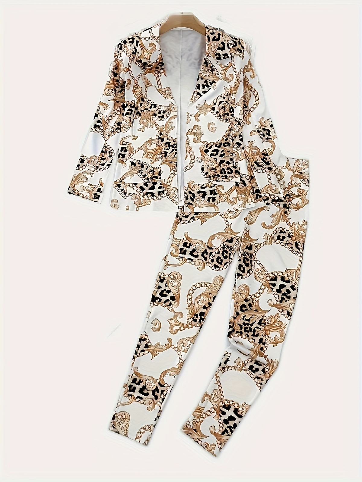 Two Piece Lapel Blazer Set Geometric Print Micro Elastic Fake Buttons Casual Fabric Outfit For Spring Fall - image 3