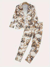 Two Piece Lapel Blazer Set Geometric Print Micro Elastic Fake Buttons Casual Fabric Outfit For Spring Fall - image 3