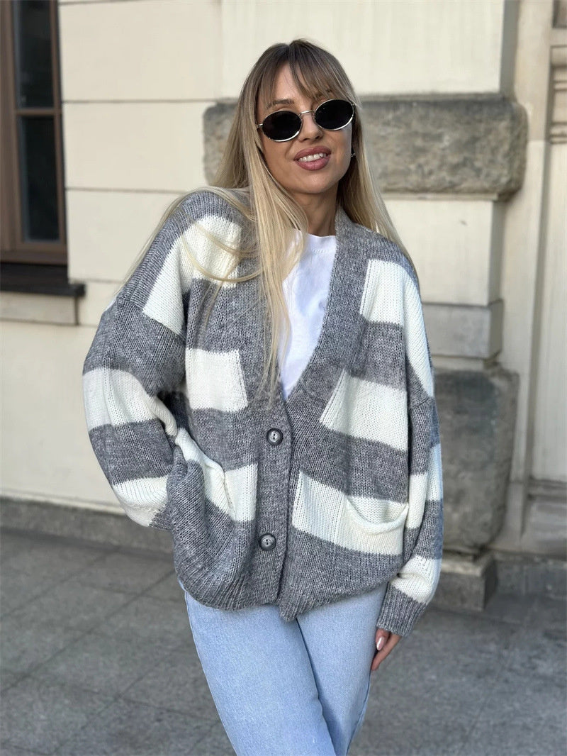 Women's V-Neck Striped Sweater Coat