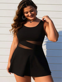 Vestido de baño negro con malla transparente en la cintura y falda con vuelo, tallas grandes - image 3