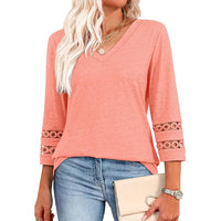 Women's V-Neck 3/4 Sleeve Top with Lace Trim - image 1